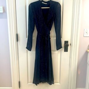 Pom Amsterdam navy blue midi wrap dress with metallic thread stripes. Size 36.